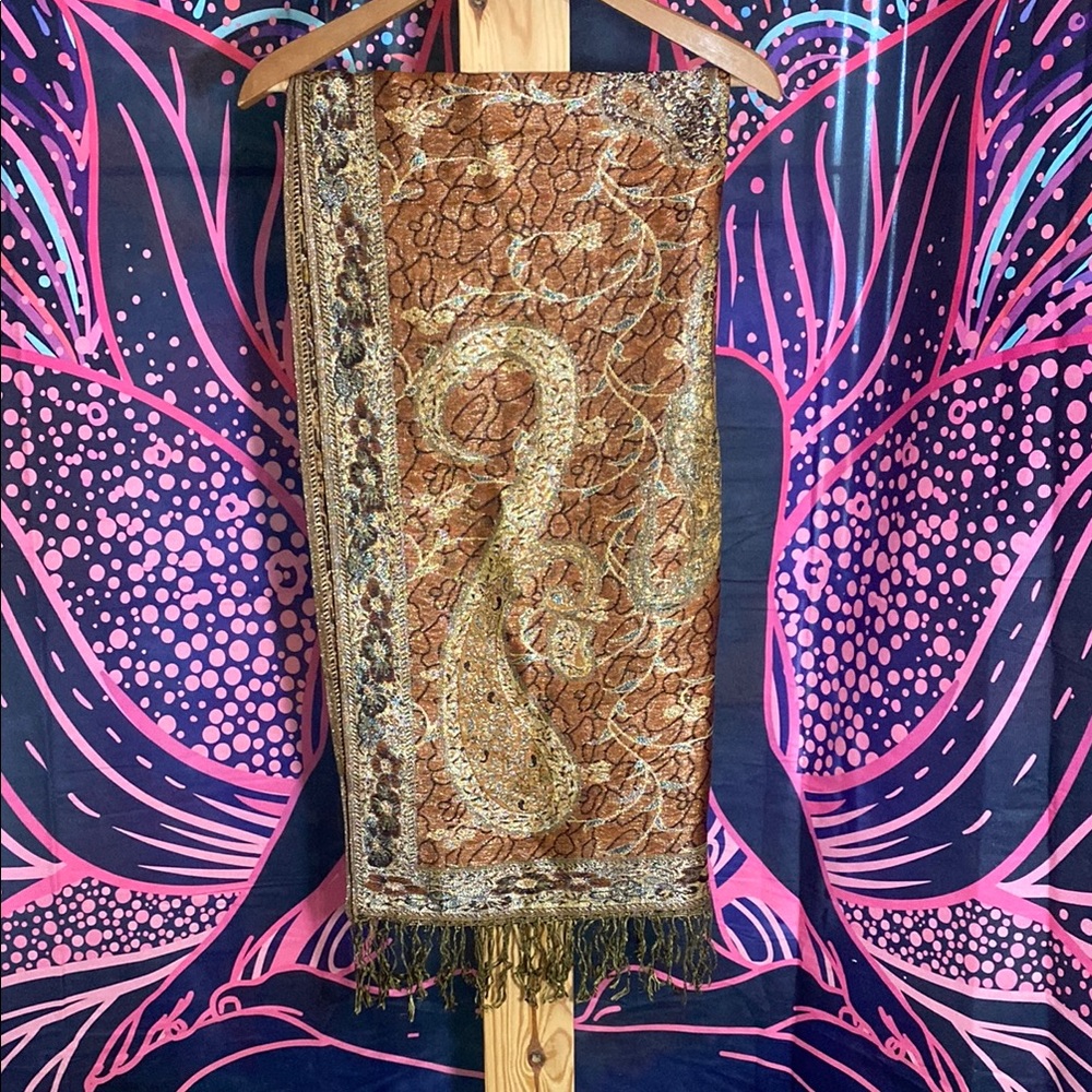 Elegant Brown and Gold Paisley Pashmina Cashmere Scarf
